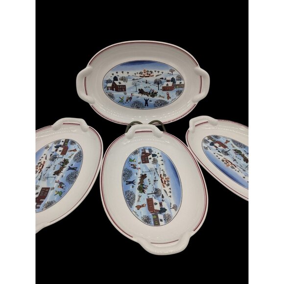 Villeroy & Boch Naif Christmas Village Oval Serving Platter w/Handles Set of 4 - Picture 1 of 8